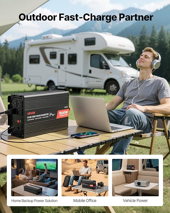 VEVOR 1500W Power Inverter, 12V DC to 120V AC Pure Sine Wave Inverter, Car Charger Converter with Remote Control, USB & Type-C Ports, 4 AC Outlets, Fast-Charging for RV, Truck Outdoor Camping