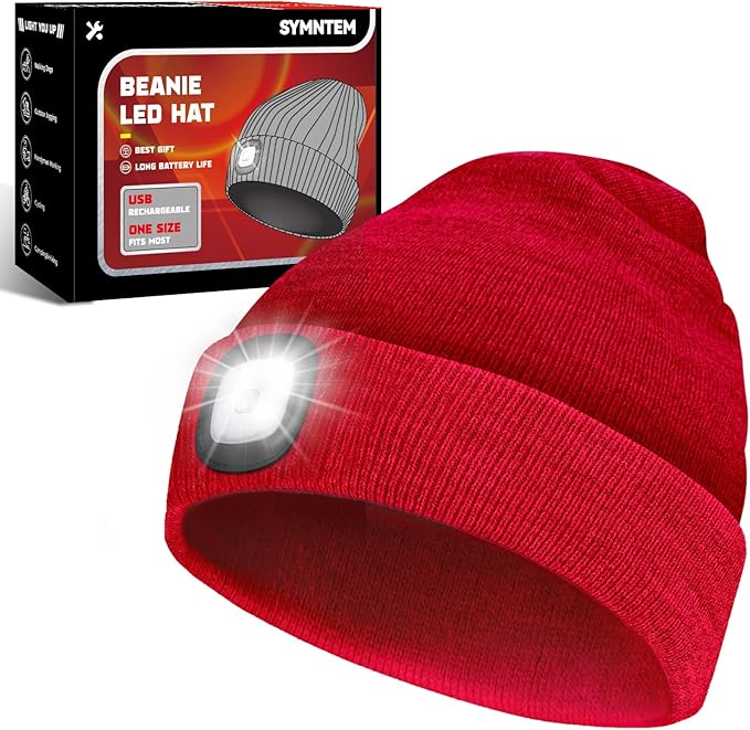 Unisex Beanie Hat with Light, Rechargeable Headlamps Cap, Gifts for Men, Hiking, Camping headlamps, Cool Gadget Birthday Gifts for Men, Women, Dad, Father, Boyfriend, Red