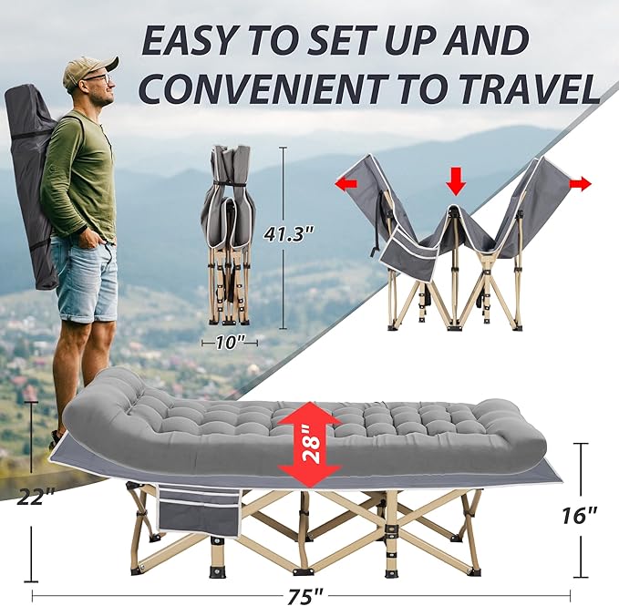 Folding Camping Cot for Sleeping, Portable Cots for Adults, Heavy Duty Cot Bed 550LBS(Max Load), Extra Wider Cots with Large Pocket for Outdoor, Office, Beach