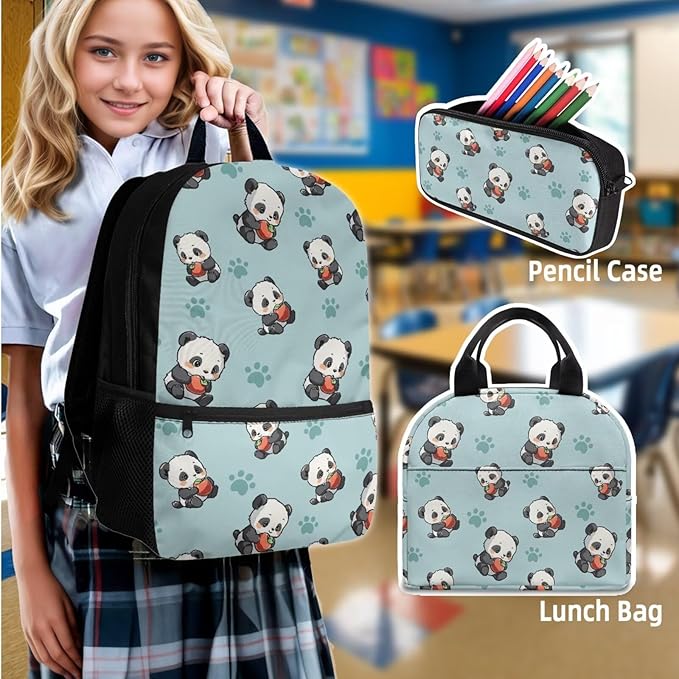 Panda School Backpack with Lunch Box and Water Bottle Bag Pencil Case Large Capacity Travel Backpacks for Kids Kindergarten Elementary Middle Lightweight Camping Travel