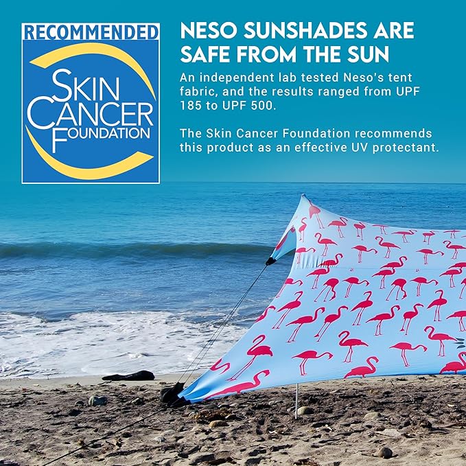 Neso Gigante Portable Beach Tent Sun Shelter - Lightweight Beach Shade Canopy - Easy Setup for Family Outings - Patented Reinforced Corners - UPF 50+ Sun Protection - 8ft Tall, 11 x 11ft - Flamingos