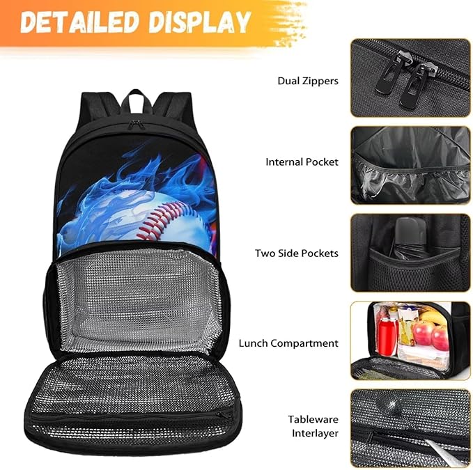 17 Inch Men Women Kids Casual Backpacks with Insulated Cooler Lunch Compartment Lightweight Students Knapsack Middle High School Bookbag Work Hiking Daypack, Fire Flame Softball