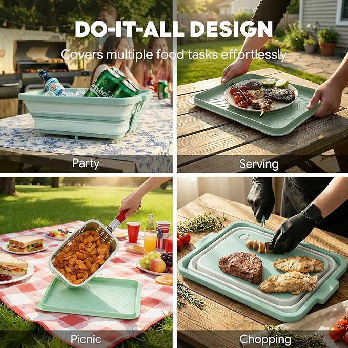 9-IN-1 Collapsible BBQ Prep Tub with Cutting Board, Portable Grill Prep Station with Side Brackets, Lids, Knives, Meat Claws and Drain Rack, Space-Saving for Kitchen, RV, Camping, Green