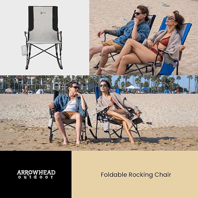 ARROWHEAD OUTDOOR Foldable Rocking Camp Chair with Large Cup Holder, Side Pocket, Space-Saving Folding, Enhanced Swinging Rocker for Camping, Fishing, Patio