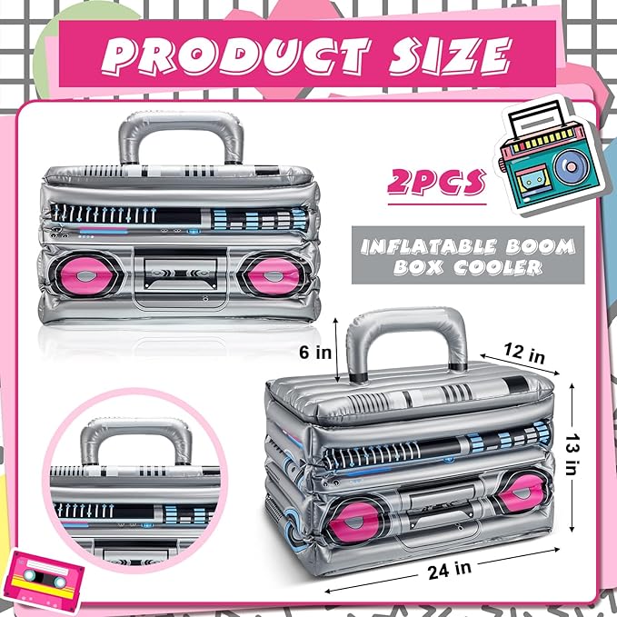 Cunhill 2 Pieces Inflatable Boom Box Beverage Cooler Summer 80s 90s Theme Party Decorations Inflatable Cooler Radio Blow up Boom Box Birthday Drink Favors for Retro Nightclub Party Hip Hop Supplies