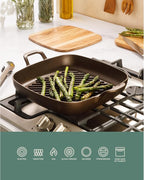 Bloomhouse - Two Time Oprah's Favorite Things Winner - Natural Bronze Finish 12" Square Cast Iron Grill Pan – Olive Oil Treated Surface w/Dual Handles & Olive Wood Trivet, Oven Grill Campfire Safe