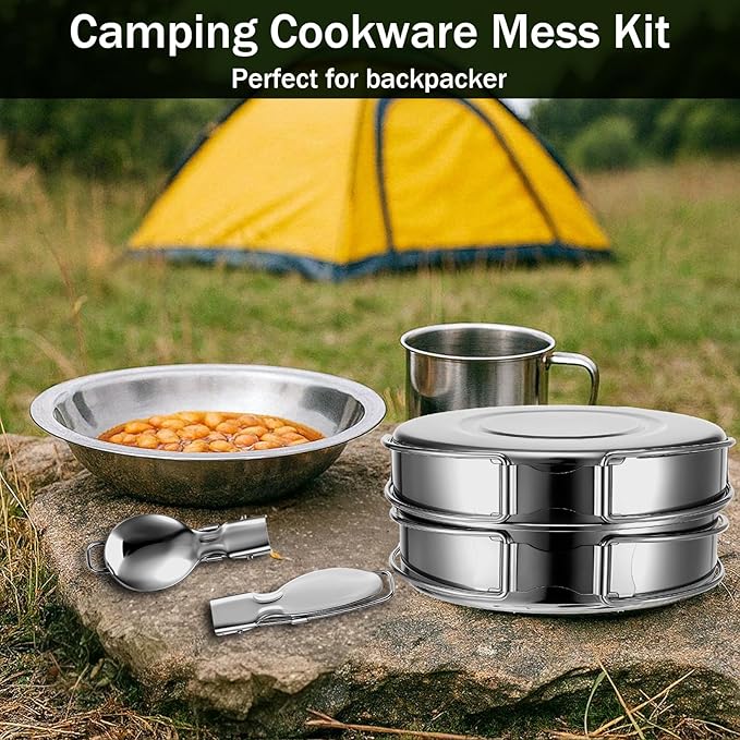 14Pcs Stainless Steel Camping Cookware Set, Lightweight Compact Camping Pots Pans Set with Cups Plates Forks Knives Spoons for Backpacking Camping-Cooking Hiking and Picnic