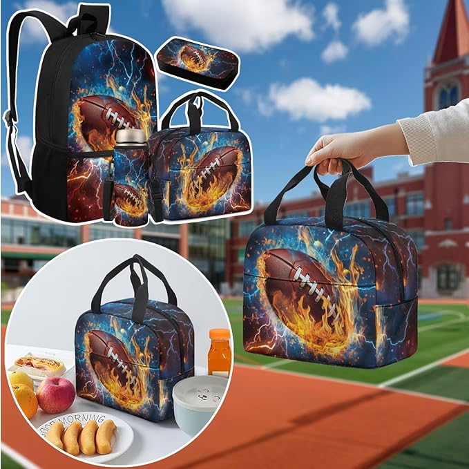 Backpack with Lunch Box and Water Bottle Bag American Football Boys Backpack 4-Piece Set Lightweight Travel Bookbag for Kids Kindergarten Elementary Middle Mochilas Escolares Para Niños