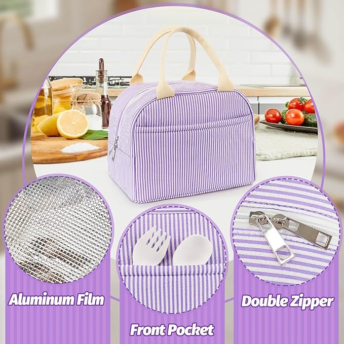 Lunch Bag For Women, Cooler Insulated Lunch Box For Travel Work Picnic College School Adult Large Capacity Lunch Bags, Purple Stripe