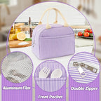 Lunch Bag For Women, Cooler Insulated Lunch Box For Travel Work Picnic College School Adult Large Capacity Lunch Bags, Purple Stripe