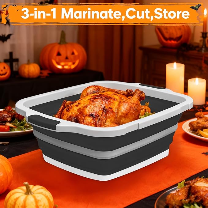 Collapsible BBQ Prep Tub with Cutting Board & Lid, Folding Food Container BPA-Free Heavy-Duty, Dishwasher Safe, Upgraded Drain Hole - for Camping, Grilling Outdoor Cooking (Black, X-Large)