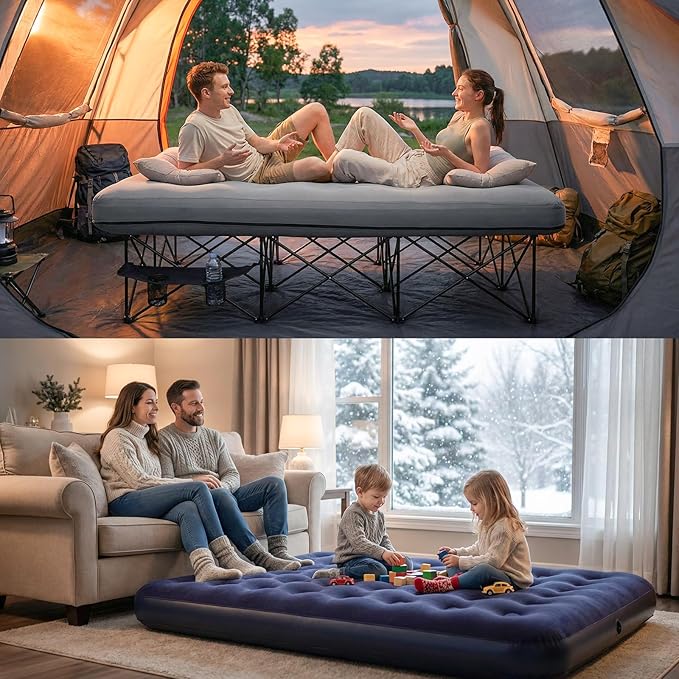 FUNDANGO Queen Camping Cot with Electric Pump, 2 Person Air Mattress with Frame, Double Camping Cot Bed with 2 Cup Holders & Removable Cover for Camp, Home Guest, Carry Bag Included (Grey)