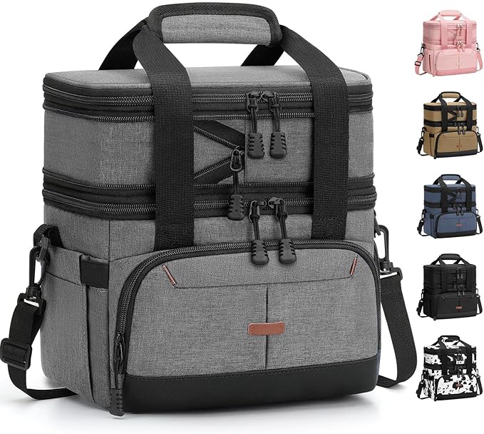 Lunch Box For Men Women Double Deck Insulated Lunch Bag For Men Woman Leakproof Expandable Cooler Bag with Adjustable Shoulder Strap for Kids Shool Work Picnic Camping(Gray‌,Large)