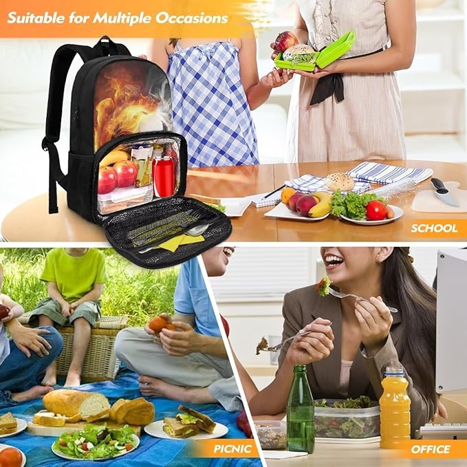 Lunch Backpack for Women Men Work, 17 Inch Insulated Cooler Backpack with Lunch Compartment All In One Meal Bag, Boys School Daypack Bookbag for Travel Casual Office, Fire Flame Soccer