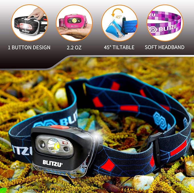 BLITZU LED Headlamp Flashlight for Adults & Kids, Lightweight, Waterproof Head Lamp with White & Red Light, Comfortable Headband, Perfect for Running, Camping, Hiking, 3 AAA Batteries Included, Black