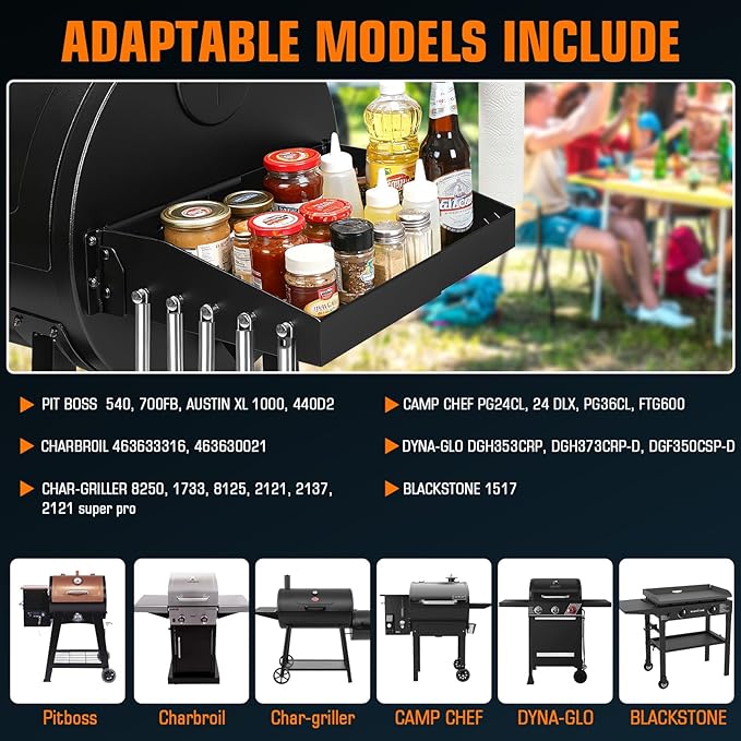 GRISUN Adjustable Folding Grill Side Shelf for Pit Boss 540 & 700FB, Side Prep Table with 5 Tool Hooks for Camp Chef, Char-Griller & Dyna-Glo Grills
