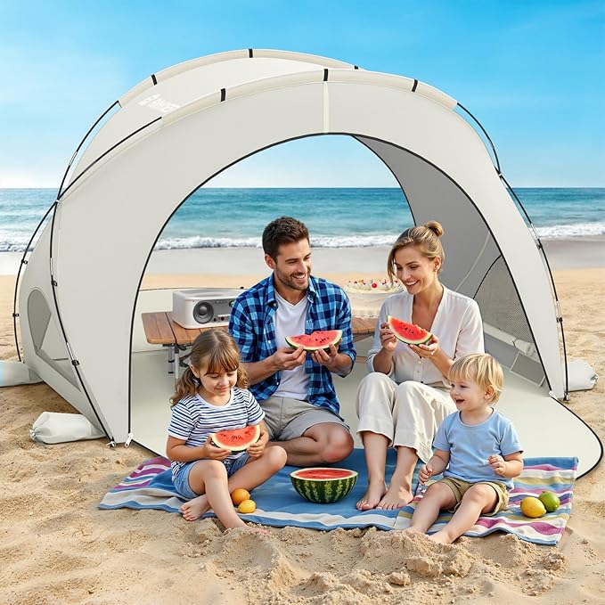 Beach Tent Sun Shelter, Beach Shade Tent with UPF50+ UV Protection, Sun Shelter for 1-4 Person, Beaches Shade with 2 Zippered Doors, Portable Tents for Camping Fishing, Beige