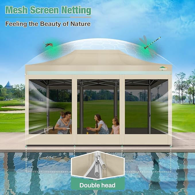 COBIZI 10x15 Canopy Tent, Heavy Duty Pop up Canopy with Sidewalls, Waterproof Easy Setup Canopy with Mosquito Netting, Outdoor Instant Screen Tents for Parties, Wedding, Backyard with Carry Bag, Khaki