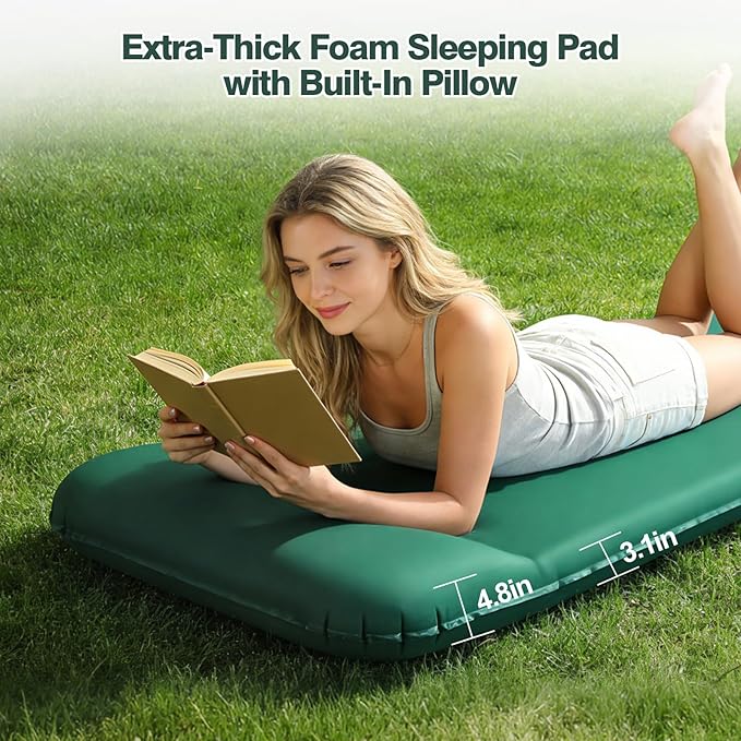 Self-Inflating Sleeping Pad with Foot Pump, 3.1" Thick High-Density Foam Camping Mattress, 4-Season Sleeping Mat with Built-in Pillow & R-Value 9.5, Camping Essentials for Tent Travel Car