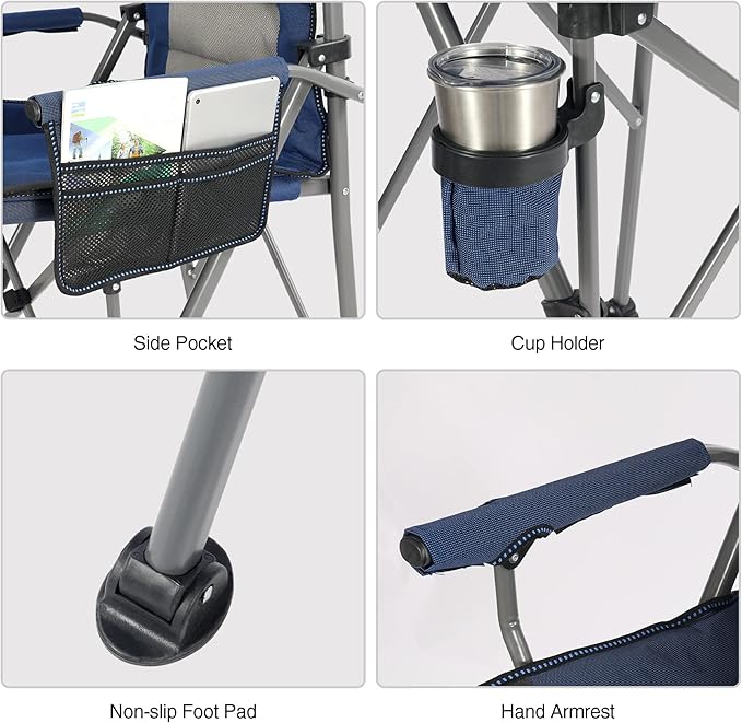 REDCAMP Oversized Tall Camping Chair for Adults, 330lbs Portable High Folding Directors Chair, Foldable Bar Height Stool with Side Pocket for Lawn Sport, Blue