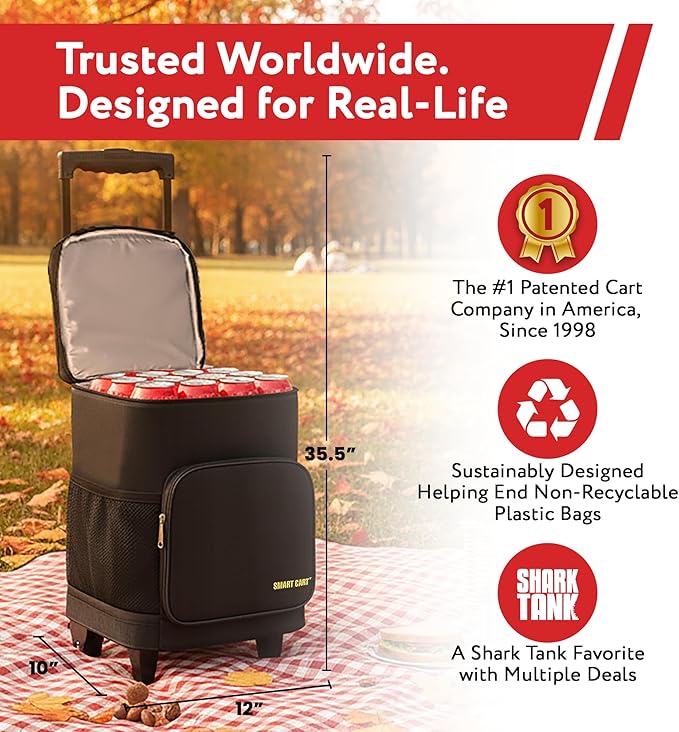 Ultra Compact Cooler Smart Cart with Wheels - Collapsible Insulated Cooler Bag - Foldable Travel Cooler 36 Cans - Leak Proof Trolley - Black