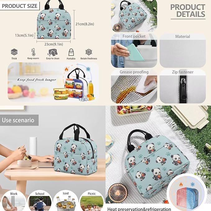 Panda School Backpack with Lunch Box and Water Bottle Bag Pencil Case Large Capacity Travel Backpacks for Kids Kindergarten Elementary Middle Lightweight Camping Travel