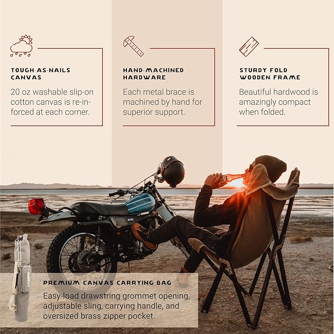 CHAMA Vaquero Chair & Travel Bag - Slate and Bone- Beautiful Outdoor Wood and Canvas Portable Folding Chair Ideal for Camping, Patios, Lawns, or Indoor Use - Supports 300 lbs