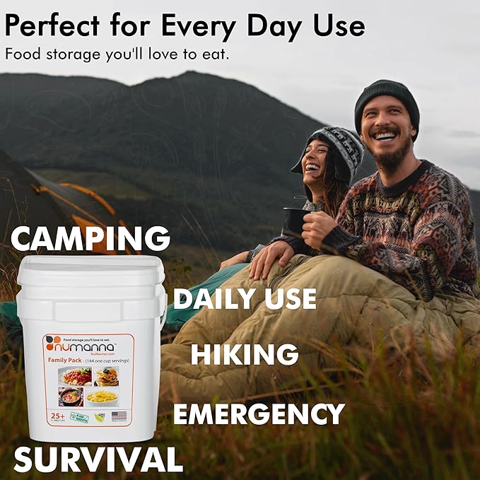 Numanna Family Pack Bucket 144 Servings 1-Month Emergency Meal Kit | Easy-to-Prepare, Non-GMO Freeze-Dried Survival Food | Everyday Meals in Resealable Pouches | Made in USA | 25+ Year Shelf Life