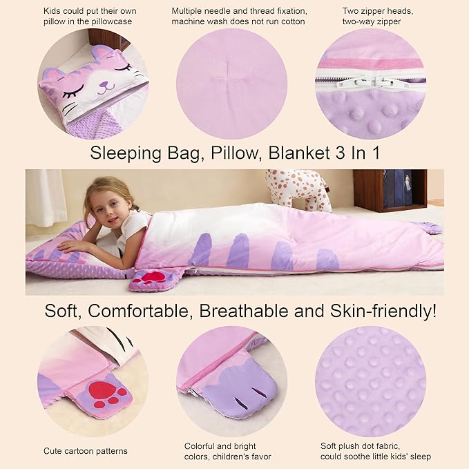 Kids Sleeping Bag, Toddlers Nap Mat, Girls Sleeping Mat for Daycare Preschool, Slumber Bag, Pillow, Blanket 3 in 1