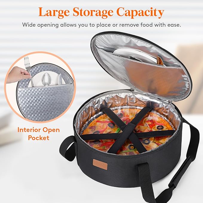 Lifewit Insulated Single Decker Round Casserole Carrier, Portable Pie Carrier Bag for Hot or Cold Food, Fits 12.5" Baking Dish, Thermal Lunch Tote for Potluck Parties, Picnic and Cookouts, Black