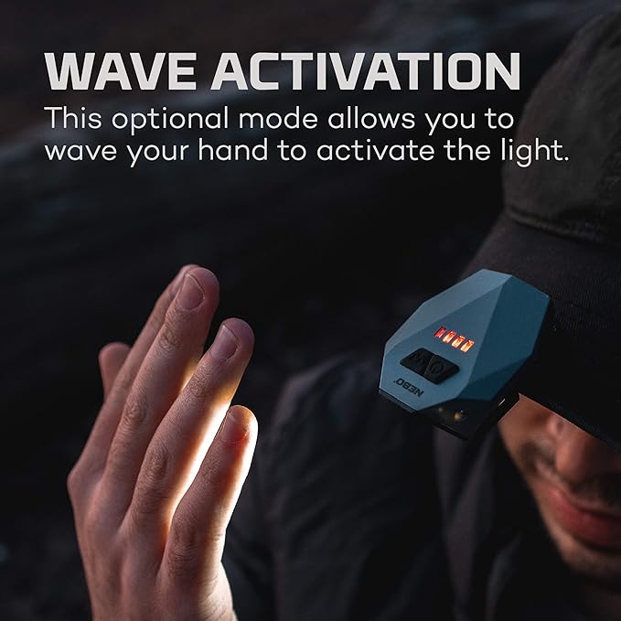 NEBO Einstein Rechargeable Cap Light | 50 Lumens, 3 Light Modes, 90 Degree Adjustable Tilt, Compact & Portable, Hands-Free Wave Activated LED Light, Includes Micro-USB Charging Cable.