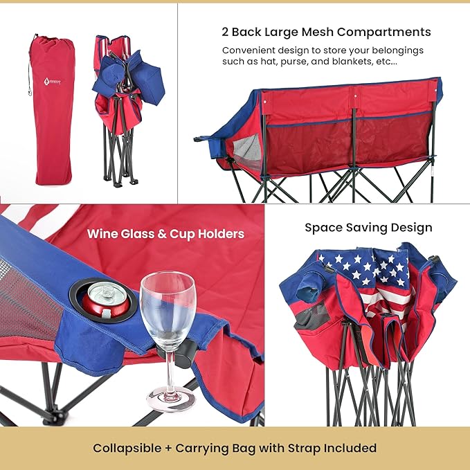 ARROWHEAD OUTDOOR Portable Folding Double Duo Camping Chair Loveseat w/ 2 Cup & Wine Glass Holder, Carrying Bag, Supports up to 500lbs