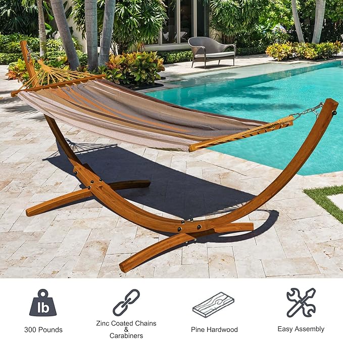 Lazy Daze Hammocks 10.5 FT Outdoor Arc Wood Hammock Stand, 2 Person Hard Pine Wood Hammock Stand with Carabiners and Chains for Outdoor Patio Garden Poolside, 300lb Capacity, Brown