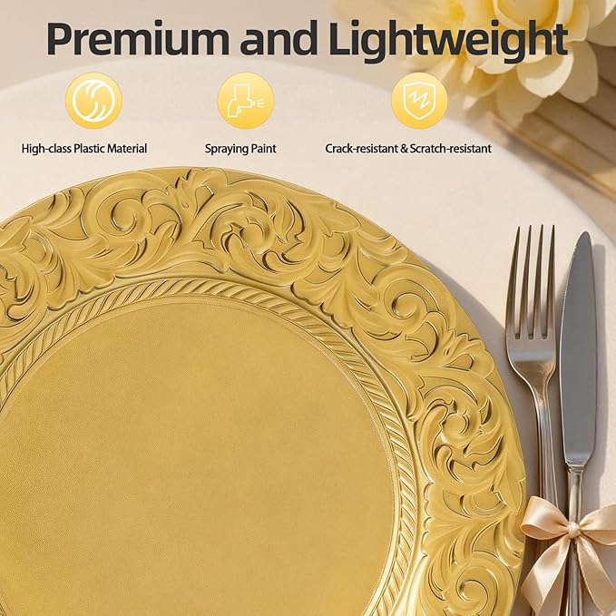 150 Pcs Gold Charger Plates Bulk, 13" Round Dinner Charger Plates, Decorative Plastic Embossed Table Chargers for Wedding Christmas Party Baby Shower Event Decoration (Gold)