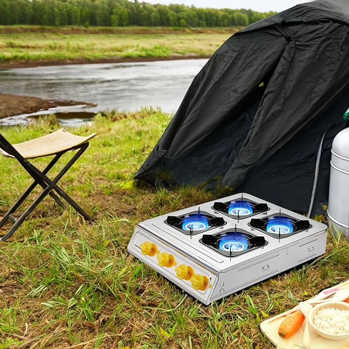 Vivicreate 4 Burner Propane Gas Stove 40000 BTU Stainless Steel Cooktop with Enamel Pan Support Electronic Ignition for Camping Outdoor Cooking BBQ Fogón de Estufa de Gas Portátil