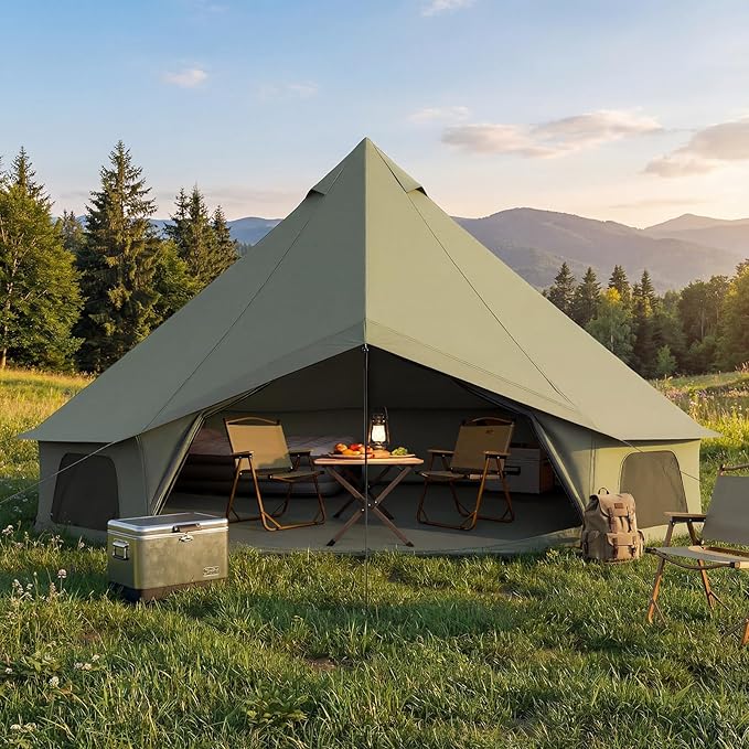YOLENY Bell Tent, Yurt Tent 4/6/8/10 Person 4 Season Waterproof Glamping Tents w/Stove Jack for Family Camping Outdoor Party, Glamping Tents for Camping - 10/13.1/16.4FT