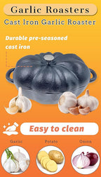 Garlic Roaster, Pre-Seasoned Cast Iron Garlic Roaster Oven Baker and Garlic Presses Set for Kitchen, Pumpkin Soup Pot Casserole, BBQ Grill Garlic Roasted Baker Tool for Outdoor BBQ Camping