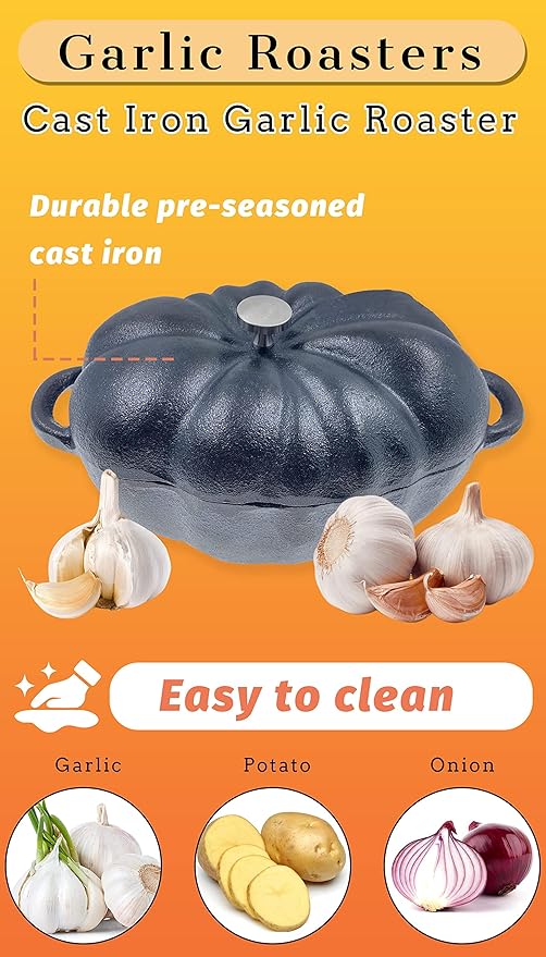 Garlic Roaster, Pre-Seasoned Cast Iron Garlic Roaster Oven Baker and Garlic Presses Set for Kitchen, Pumpkin Soup Pot Casserole, BBQ Grill Garlic Roasted Baker Tool for Outdoor BBQ Camping