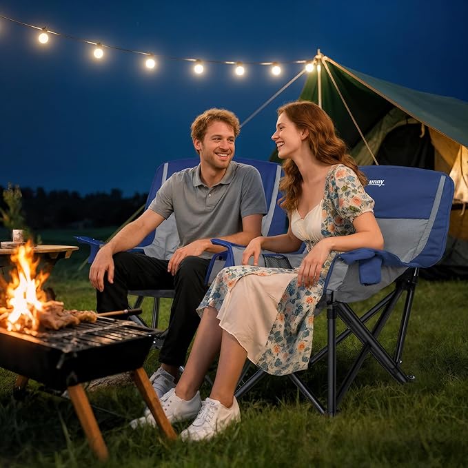 Outsunny Double Camping Chair for Adults, Padded Folding Camp Chair for 2 Person with Armrest, Wine Glass Holder, Cup Holder, Carry Bag for Outdoor Sports, Picnics, Supports up to 552 lbs.