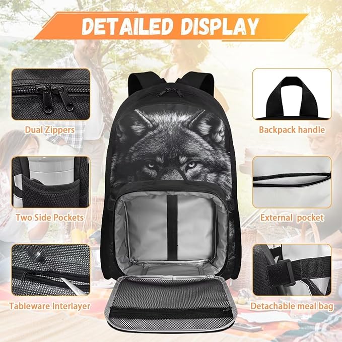 Wolf Backpack for Men Black Bookbag with Lunch Box Lightweight Satchel Bag with Adjustable Shoulder Strap for Men Casual Book Bag for Travel Outdoor