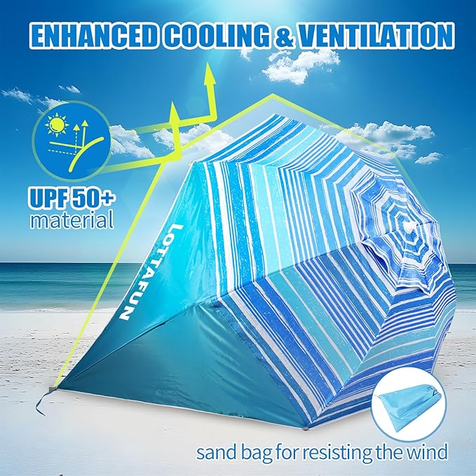 Beach Shelter Umbrella Premiere UPF 50+ Umbrella Shelter for Sun and Rain Protection for Adult (10-Foot,Blue Stripe)