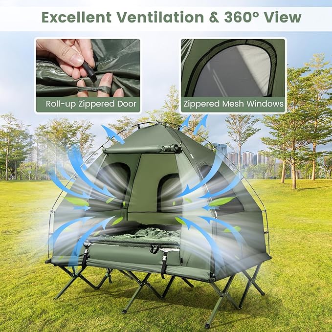 Safstar 5-in-1 Tent Cot, Camping Cot Tent with Air Mattress, Sleeping Bag, Camping Cot, Awning & Air Pillow, Carrying Bag, Off The Ground Tent, Elevated Tent Cot for Camping Hiking Picnic Travel