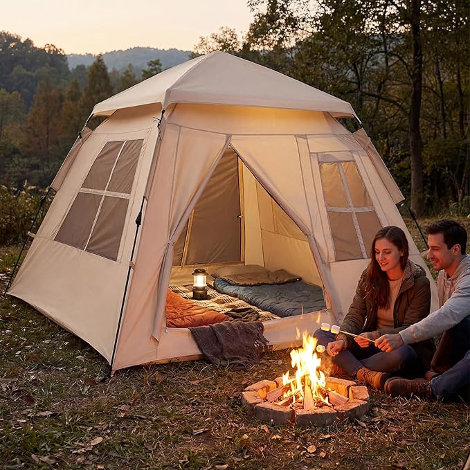 Goplus 4 Person Camping Tent, Portable Automatic Easy Setup Cabin Tent with Rainfly, Mesh Windows, 2 Doors & Carrying Bag, Lightweight Outdoor Sun Shelter for Hiking Traveling Picnic