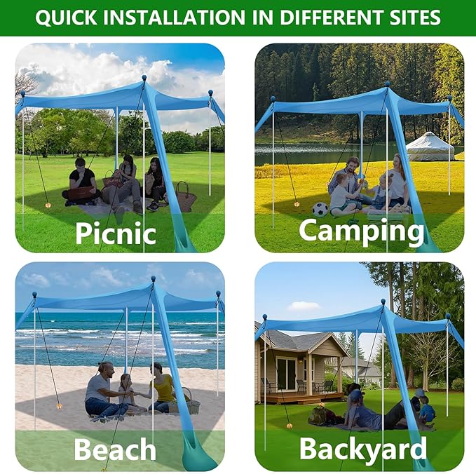 Beach Tent, Beach Canopy UPF50+ with Sandbags, Sand Shovels, Ground Pegs & Stability Poles, Outdoor Shade Camping Sun Shelter for Camping Trips, Fishing, Backyard Fun or Picnics