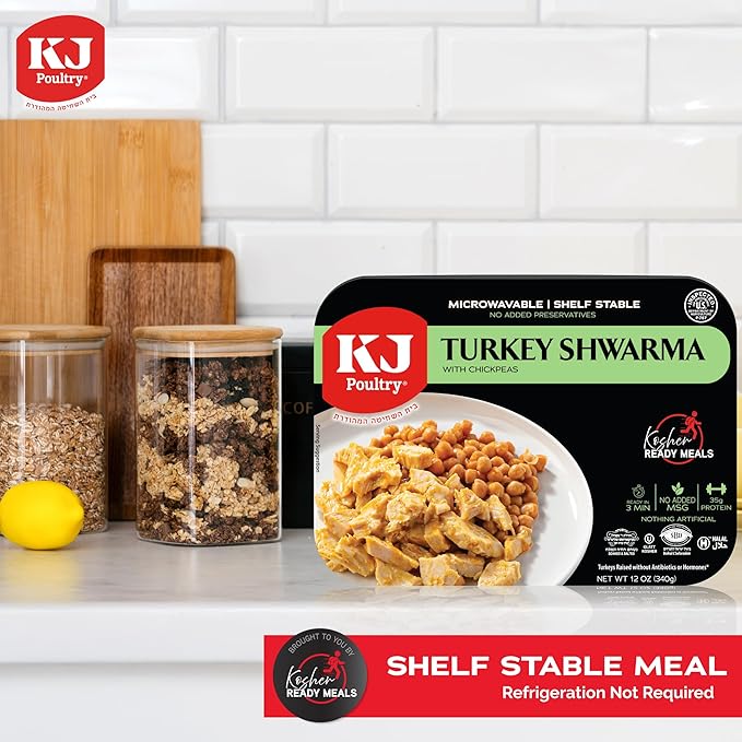KJ Poultry Kosher Ready Meals - Turkey Shwarma, MRE Meat Meals Ready to Eat, Gluten Free, Halal, (3 Pack) Prepared Entree Fully Cooked, Shelf Stable Microwave Dinner, Travel, Military, Camping