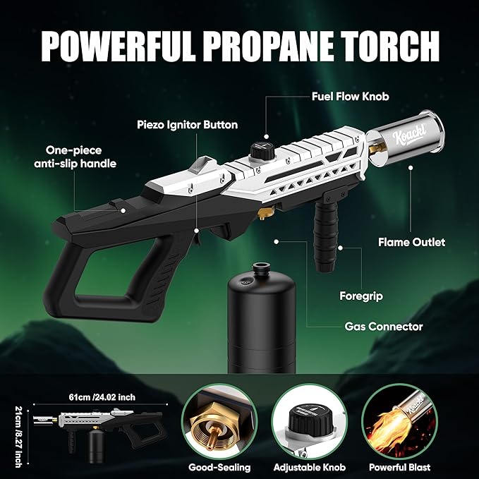 Powerful Propane Torch Gun, Kitchen Torch with Adjustable Flame, Flamethrower Blow Torch Gun Gas Welding Kits for BBQ, Searing, Camping & Charcoal Torch Lighter(Tank Not Included)