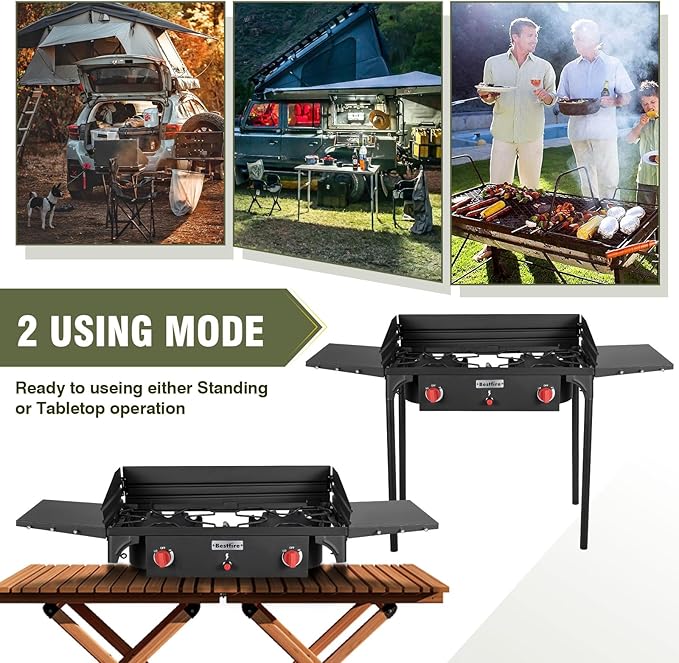 Bestfire 150,000 BTU 2 Burner Propane Camping Stove with Auto Ignition, Windpanel & Free Work Gloves, Portable Outdoor Gas Cooker with Removable Legs, Side Shelves & Carry Bag for Camping, BBQ