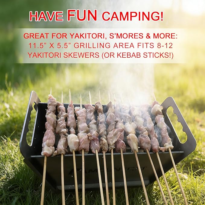 Portable Foldable Hibachi Grill, Heavy Duty & Durable, Small Charcoal Grill for Outdoor Camping Yakitori - w/Cast Iron Cooking Grate 11.5" x 5.5"
