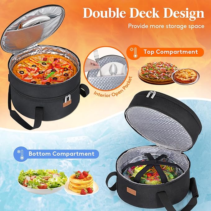 Lifewit Insulated Double Decker Round Casserole Carrier, Portable Pie Carrier Bag for Hot or Cold Food, Fits 12.5" Baking Dish, Thermal Lunch Tote for Potluck Parties, Picnic and Cookouts, Black
