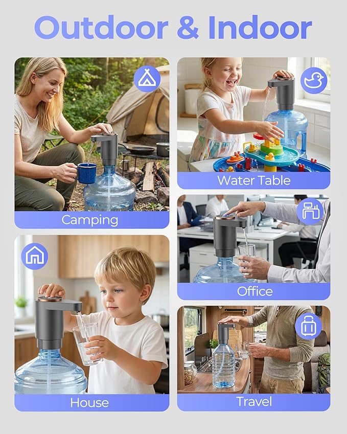 Water Jug Pump for 5 Gallon Bottle – Portable Electric USB-C Charging Dispenser, Dual Powerful Motors, Fast Flow, Fits 2-5 Gallon Jugs – Ideal for Home, Office, Camping, RV, Gray